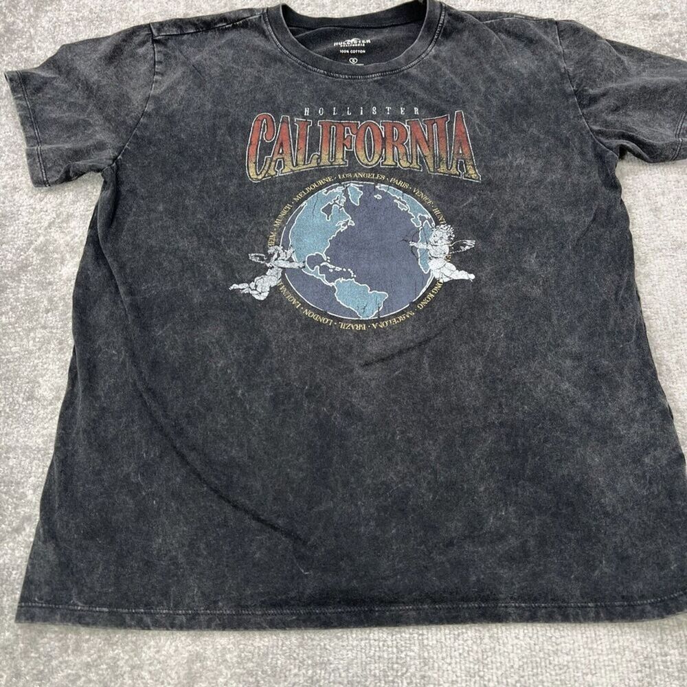 Hollister California T Shirt Graphic Tee Size Small Stone Faded Black Womens - Picture 2 of 7